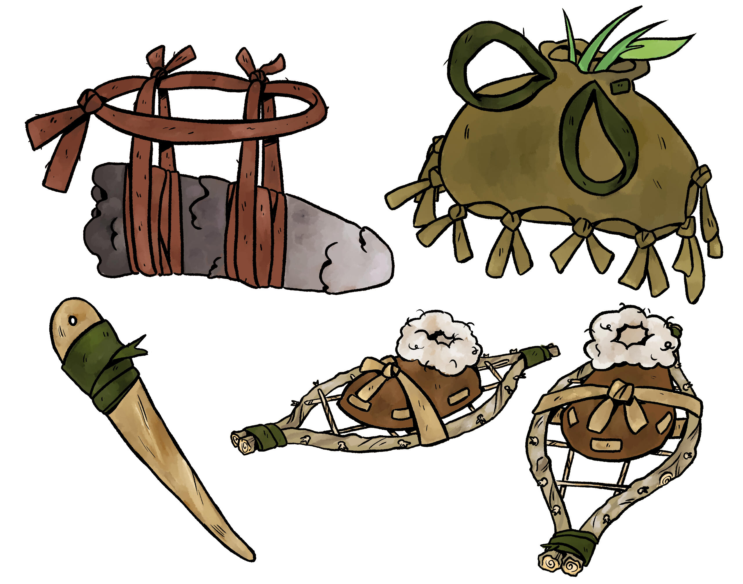 Equipment detail for the live root, fashioned for him by the jackalope